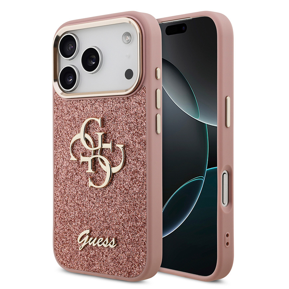 Apple iPhone 17 Pro Uyumlu Kılıf Guess Orjinal Lisanslı 4G Büyük Metal Kamera Çerçeveli ve Logolu Glitter Kapak