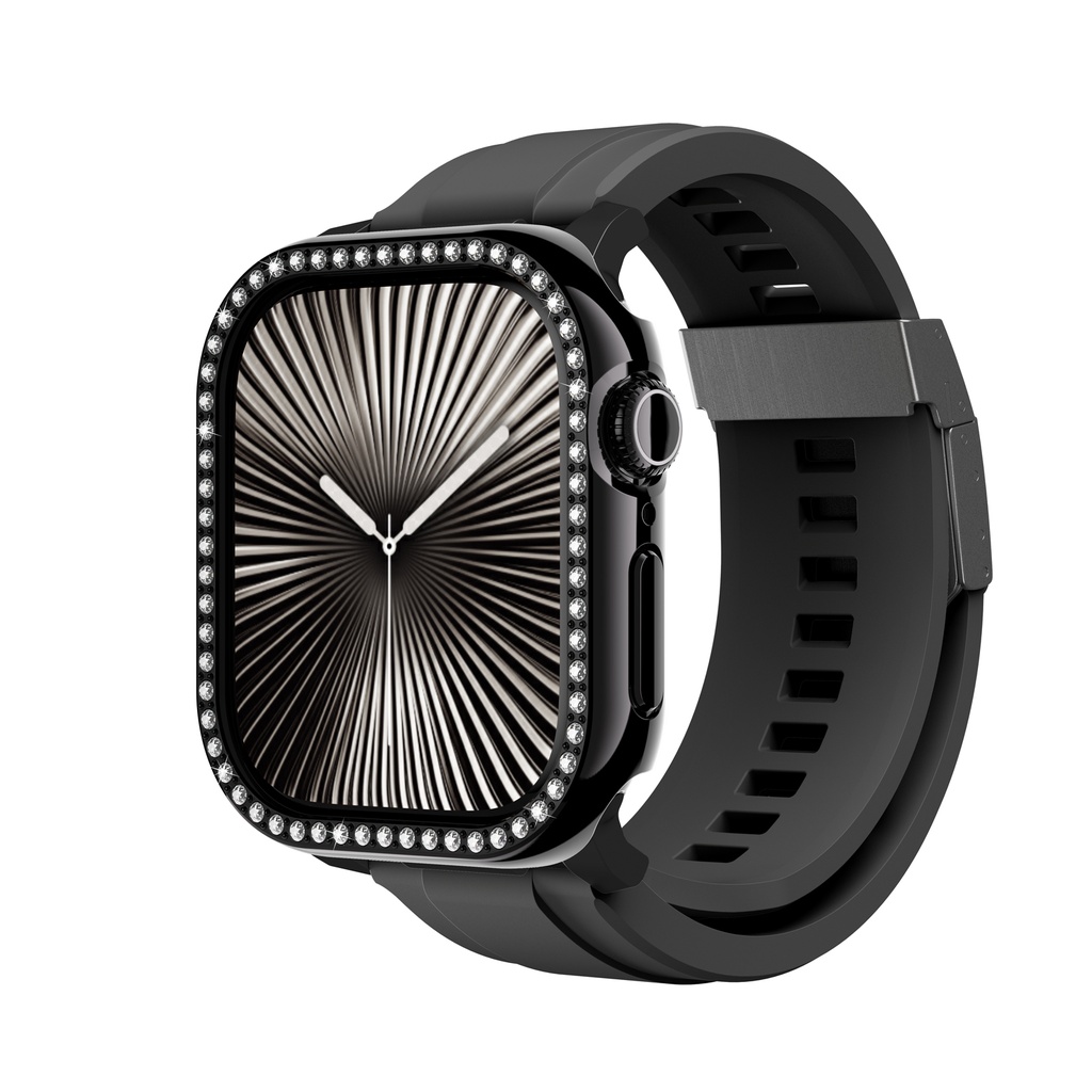 [RNZ-TA125082] Apple Watch 10 46mm Uyumlu Amazingthing Gleam Fit FullGuard Taşlı Sert PC Kasa ve Ekran Koruyucu (Siyah)