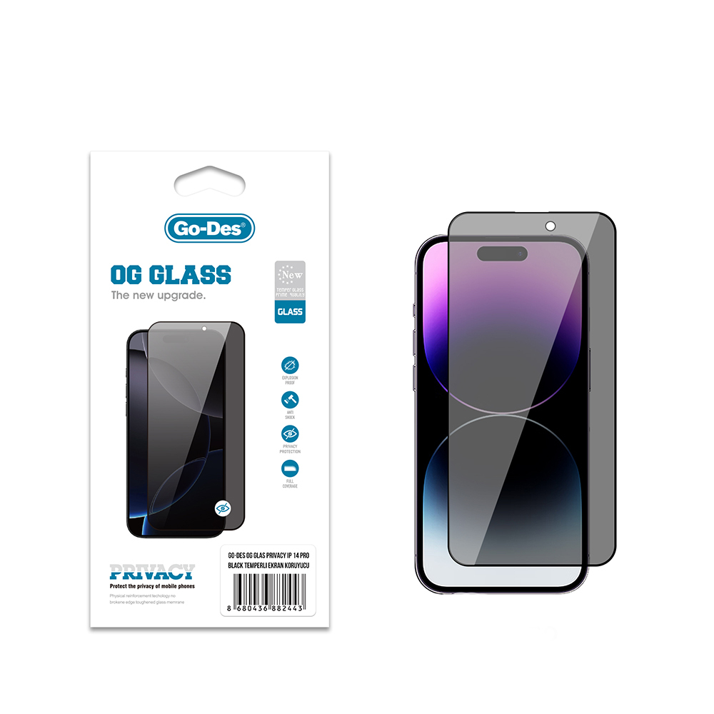 Apple iPhone 14 Pro Uyumlu Go Des OG Glass Privacy Antistatik Temperli Cam Ekran Koruyucu