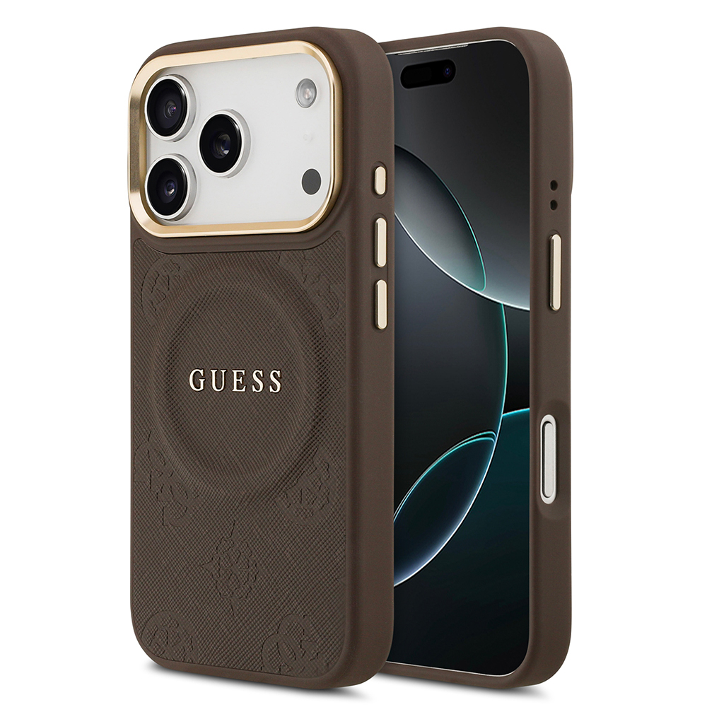Apple iPhone 17 Pro Uyumlu Kılıf Guess Orjinal Lisanslı M-safe Şarj Özellikli Sıcak Baskılı Yazı Logolu PU Deri Peony Kapak