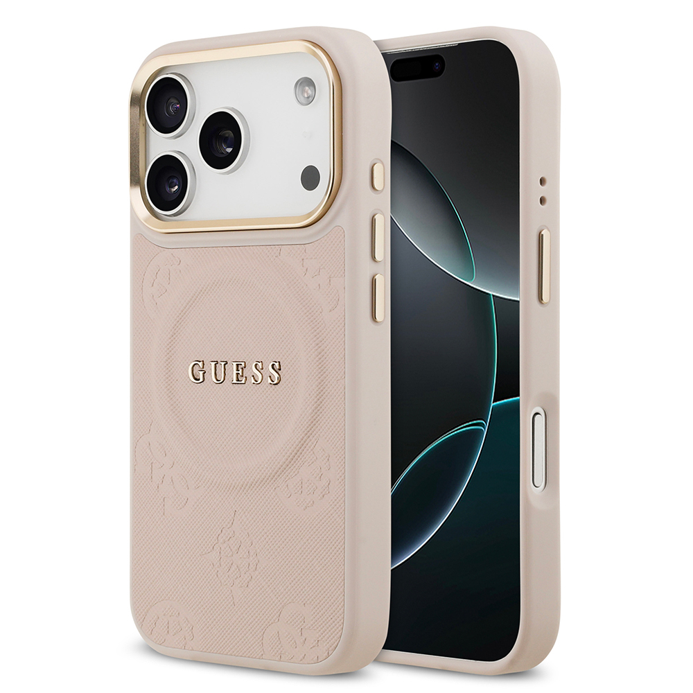 Apple iPhone 17 Pro Uyumlu Kılıf Guess Orjinal Lisanslı M-safe Şarj Özellikli Sıcak Baskılı Yazı Logolu PU Deri Peony Kapak