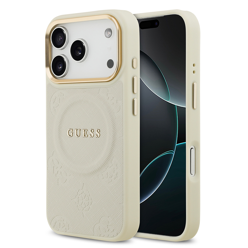 Apple iPhone 17 Pro Uyumlu Kılıf Guess Orjinal Lisanslı M-safe Şarj Özellikli Sıcak Baskılı Yazı Logolu PU Deri Peony Kapak