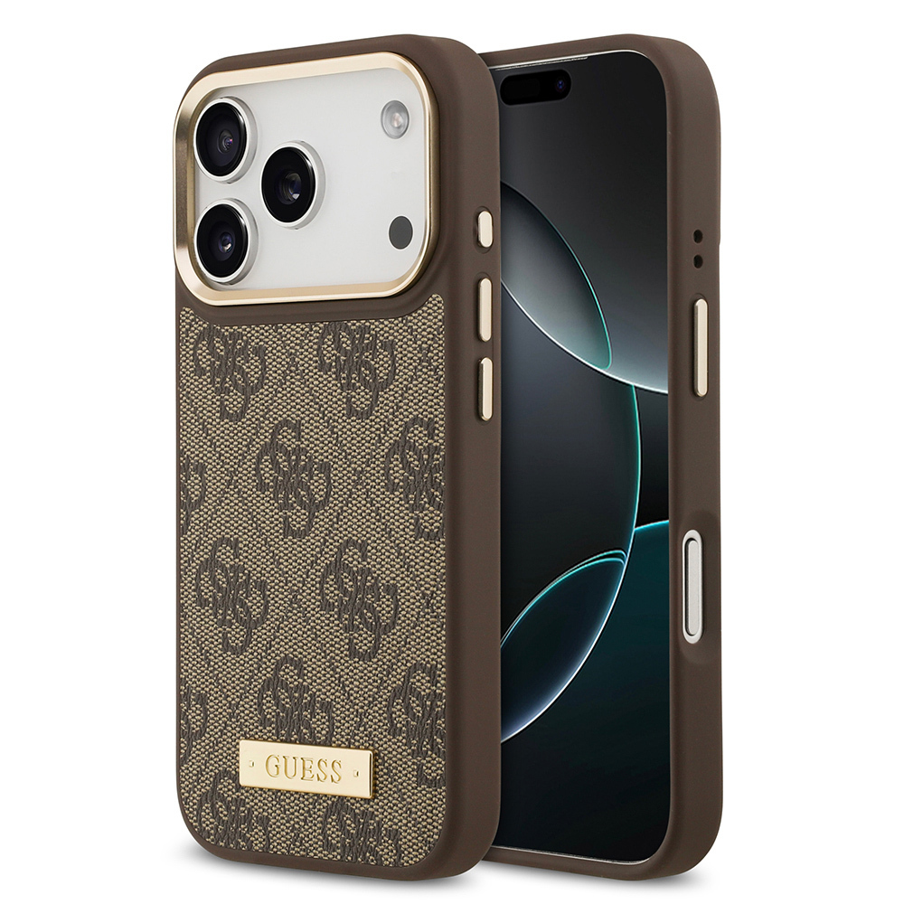Apple iPhone 17 Pro Uyumlu Kılıf Guess Orjinal Lisanslı M-safe Şarj Özellikli 4G Desenli PU Metal Plaka Klasik Logolu Kapak