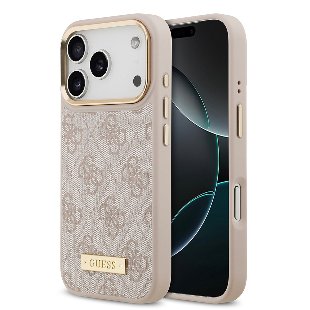 Apple iPhone 17 Pro Uyumlu Kılıf Guess Orjinal Lisanslı M-safe Şarj Özellikli 4G Desenli PU Metal Plaka Klasik Logolu Kapak