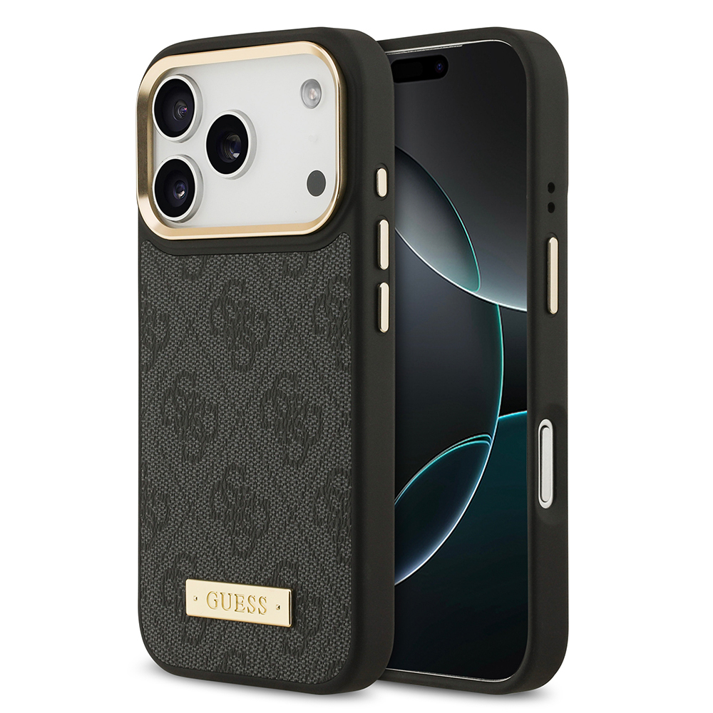 Apple iPhone 17 Pro Uyumlu Kılıf Guess Orjinal Lisanslı M-safe Şarj Özellikli 4G Desenli PU Metal Plaka Klasik Logolu Kapak