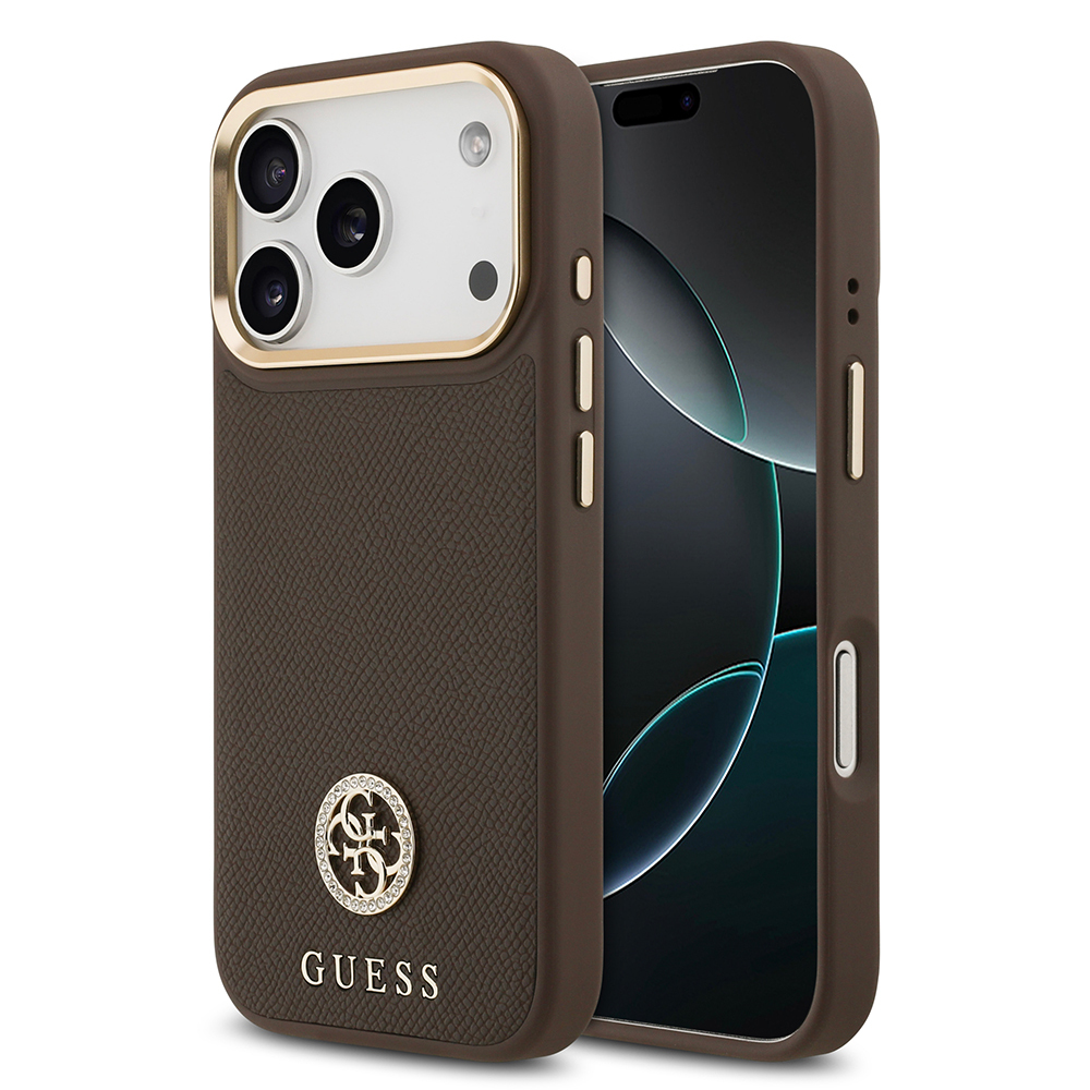 Apple iPhone 17 Pro Uyumlu Kılıf Guess Orjinal Lisanslı M-safe Şarj Özellikli Grained Yazı ve Taşlı 4G Logolu Kapak