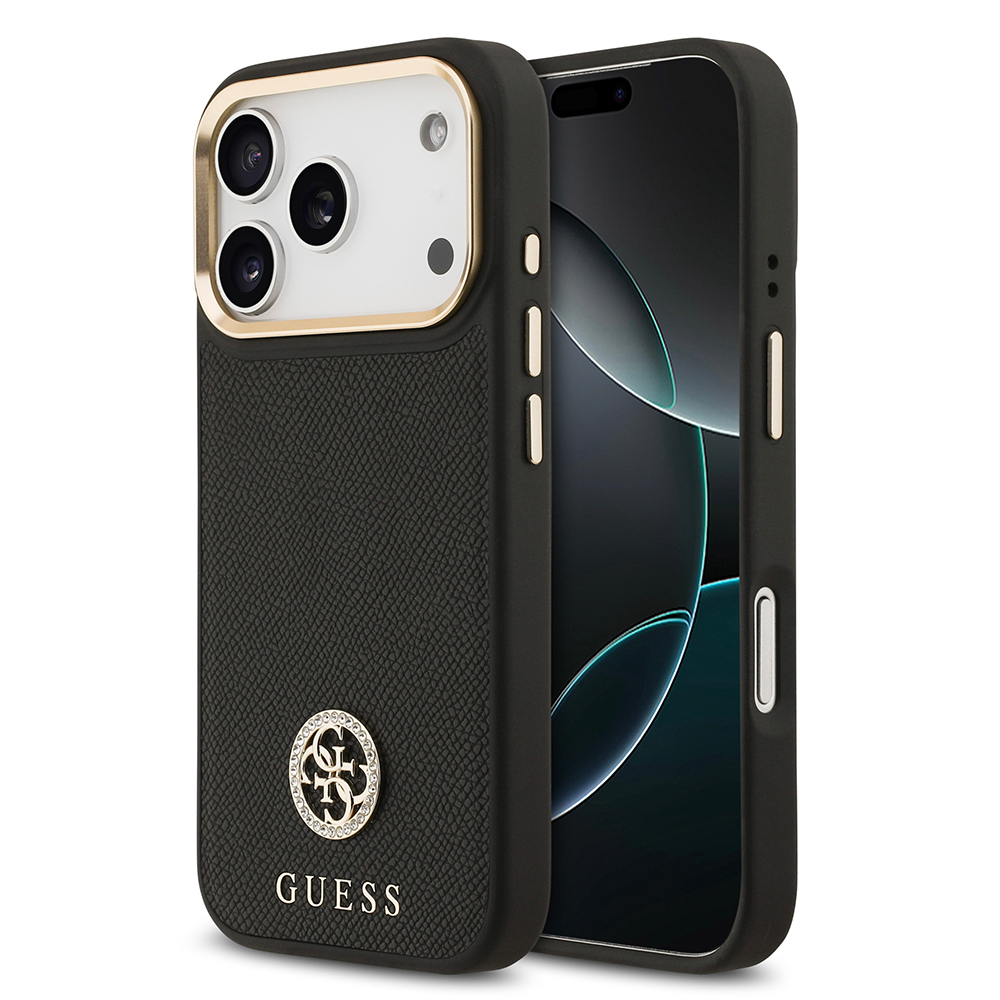 Apple iPhone 17 Pro Uyumlu Kılıf Guess Orjinal Lisanslı M-safe Şarj Özellikli Grained Yazı ve Taşlı 4G Logolu Kapak