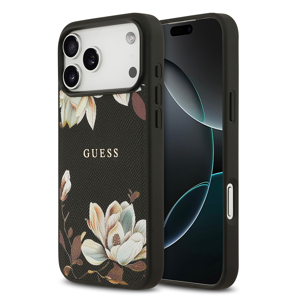 [RNZ-TA124845] Apple iPhone 17 Pro Max Uyumlu Kılıf Guess Orjinal Lisanslı M-safe Şarj Özellikli Taneli Çiçek Tasarımlı Metal Yazı Logolu Kapak (Siyah)