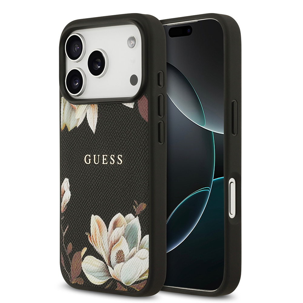Apple iPhone 17 Pro Uyumlu Kılıf Guess Orjinal Lisanslı M-safe Şarj Özellikli Taneli Çiçek Tasarımlı Metal Yazı Logolu Kapak