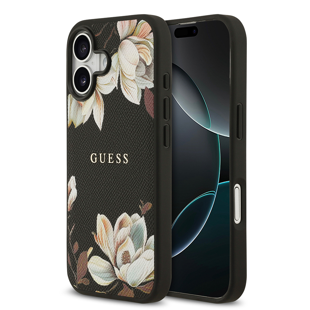 Apple iPhone 17 Uyumlu Kılıf Guess Orjinal Lisanslı M-safe Şarj Özellikli Taneli Çiçek Tasarımlı Metal Yazı Logolu Kapak