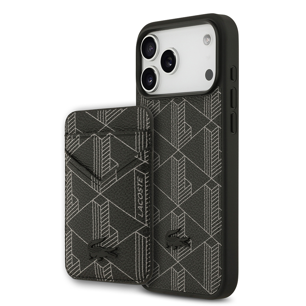 Apple iPhone 17 Pro Max Uyumlu Kılıf Lacoste Orjinal Lisanslı M-safe Şarj Özellikli PU Deri Tasarımlı Kartlıklı Karışık Monogram Desenli Kapak