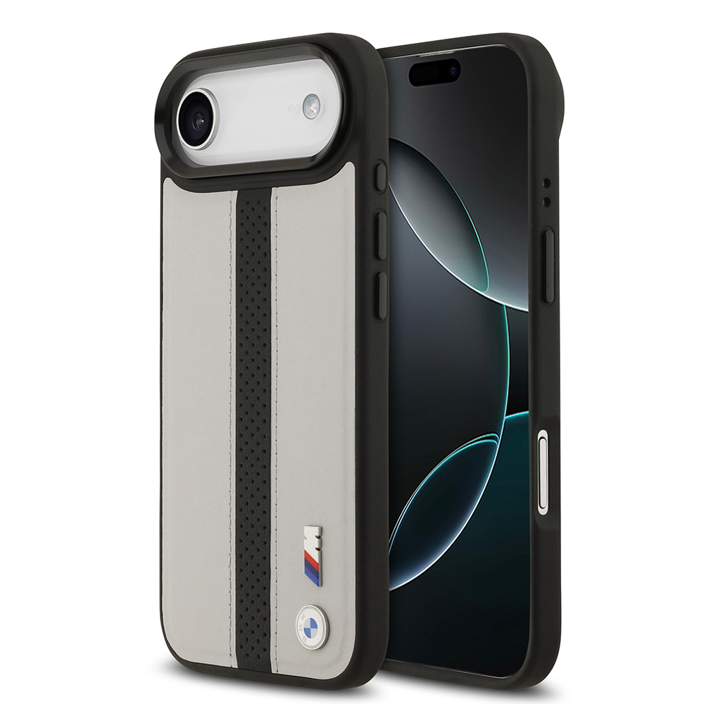 Apple iPhone 17 Air Uyumlu Kılıf BMW Orjinal Lisanslı M-safe Şarj Özellikli Deri Arka Yüzey Metal Logolu Delikli Şerit Tasarımlı Kapak
