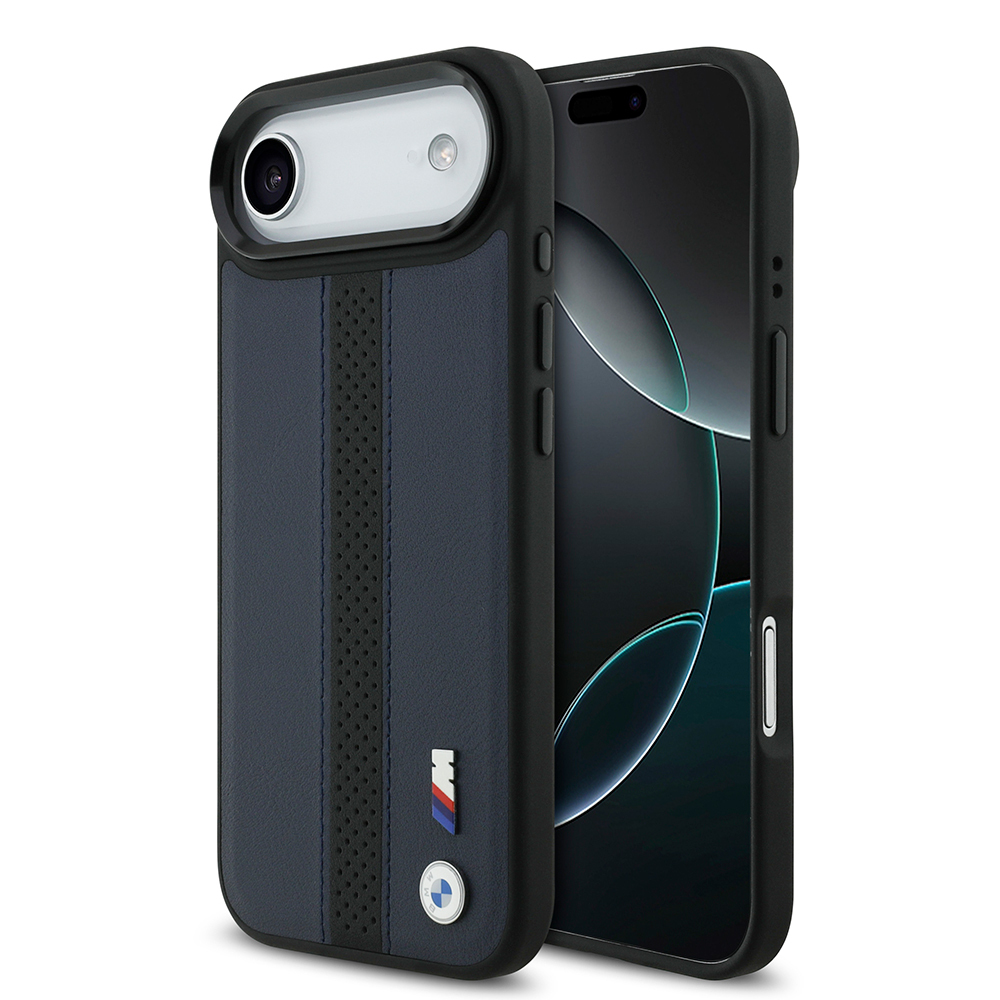 Apple iPhone 17 Air Uyumlu Kılıf BMW Orjinal Lisanslı M-safe Şarj Özellikli Deri Arka Yüzey Metal Logolu Delikli Şerit Tasarımlı Kapak