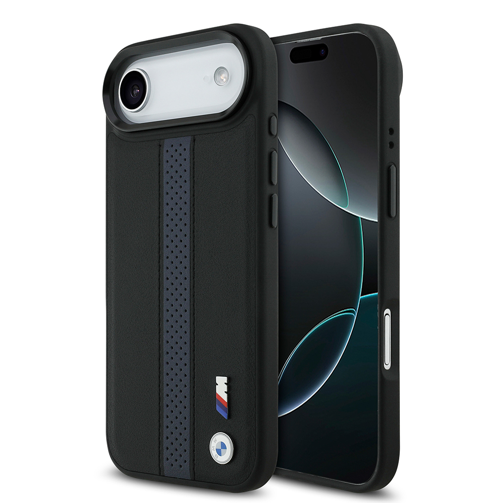 Apple iPhone 17 Air Uyumlu Kılıf BMW Orjinal Lisanslı M-safe Şarj Özellikli Deri Arka Yüzey Metal Logolu Delikli Şerit Tasarımlı Kapak