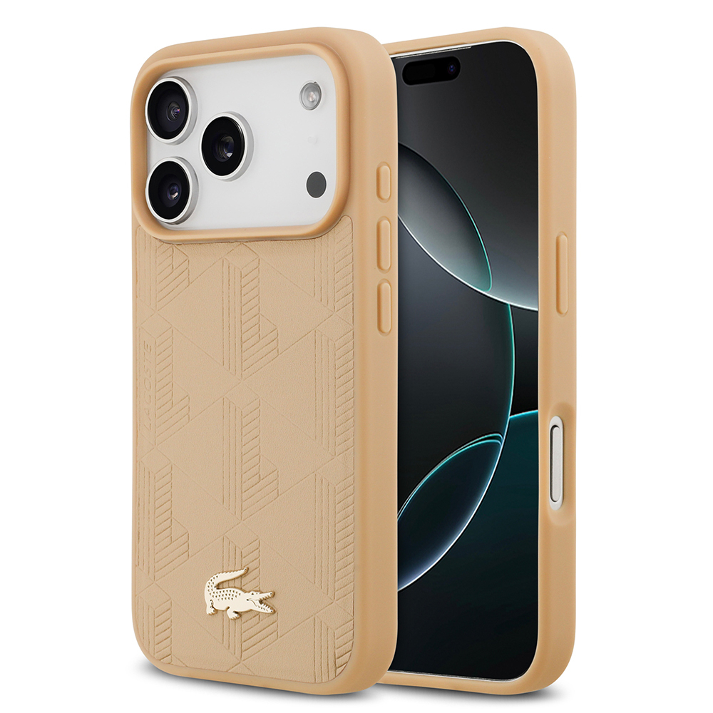 Apple iPhone 17 Pro Uyumlu Kılıf Lacoste Orjinal Lisanslı M-safe Şarj Özellikli PU Deri Tasarımlı Karışık Monogram Desenli Kapak