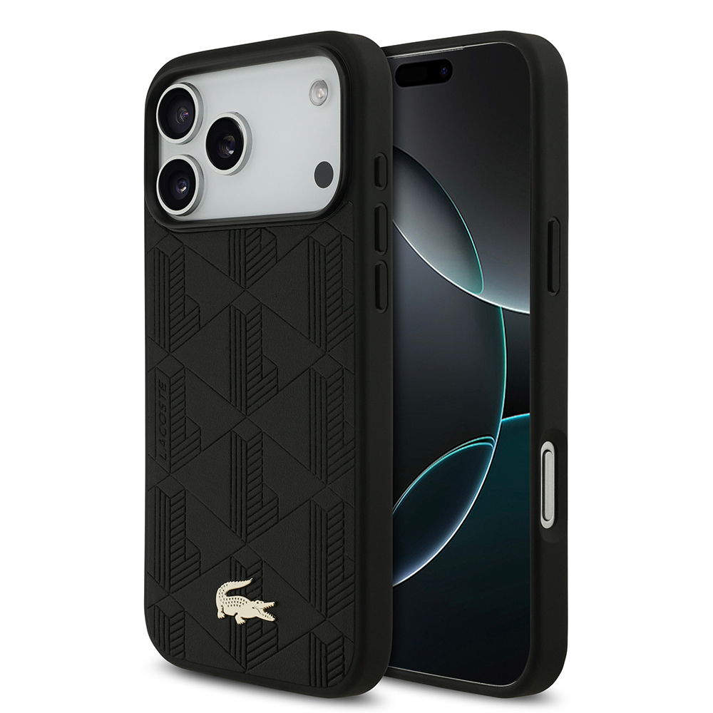 [RNZ-TA124785] Apple iPhone 17 Pro Max Uyumlu Kılıf Lacoste Orjinal Lisanslı M-safe Şarj Özellikli PU Deri Tasarımlı Karışık Monogram Desenli Kapak (Siyah)