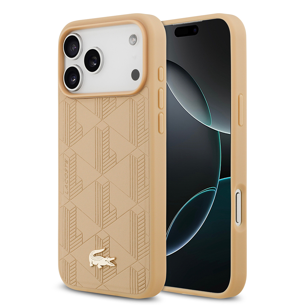 Apple iPhone 17 Pro Max Uyumlu Kılıf Lacoste Orjinal Lisanslı M-safe Şarj Özellikli PU Deri Tasarımlı Karışık Monogram Desenli Kapak