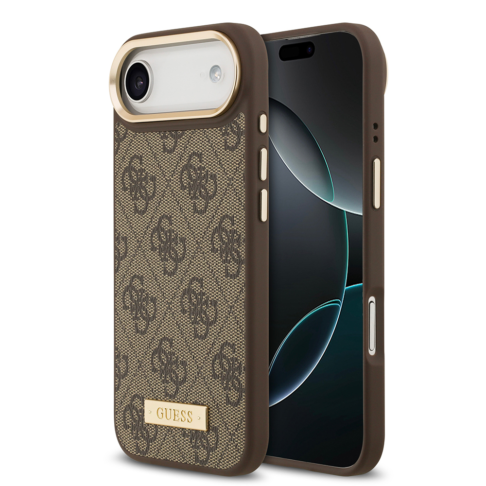 Apple iPhone 17 Air Uyumlu Kılıf Guess Orjinal Lisanslı M-safe Şarj Özellikli 4G Desenli PU Metal Plaka Klasik Logolu Kapak