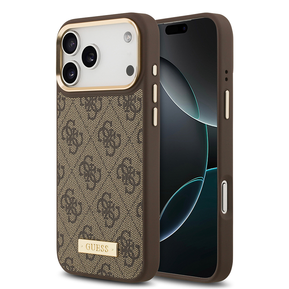 Apple iPhone 17 Pro Max Uyumlu Kılıf Guess Orjinal Lisanslı M-safe Şarj Özellikli 4G Desenli PU Metal Plaka Klasik Logolu Kapak