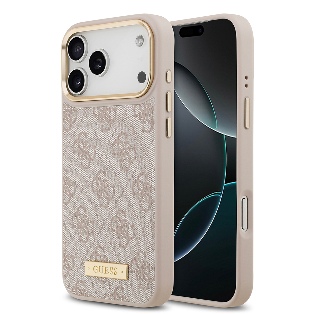 Apple iPhone 17 Pro Max Uyumlu Kılıf Guess Orjinal Lisanslı M-safe Şarj Özellikli 4G Desenli PU Metal Plaka Klasik Logolu Kapak