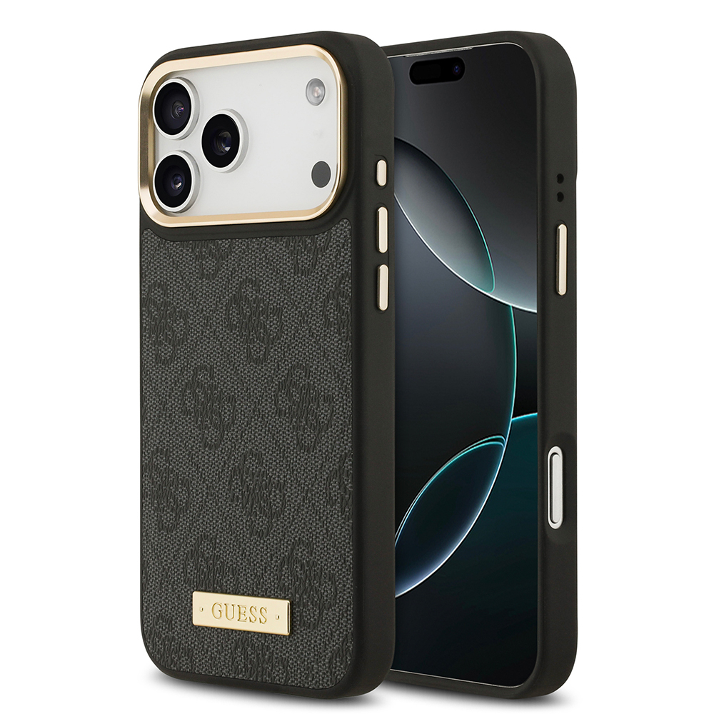 Apple iPhone 17 Pro Max Uyumlu Kılıf Guess Orjinal Lisanslı M-safe Şarj Özellikli 4G Desenli PU Metal Plaka Klasik Logolu Kapak