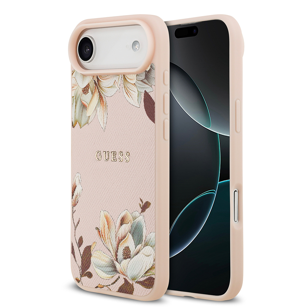 Apple iPhone 17 Air Uyumlu Kılıf Guess Orjinal Lisanslı M-safe Şarj Özellikli Taneli Çiçek Tasarımlı Metal Yazı Logolu Kapak
