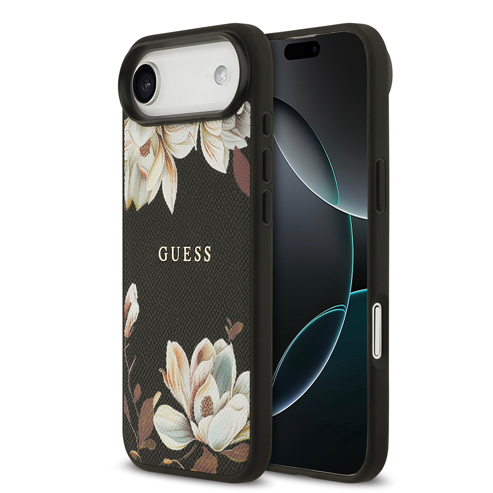 Apple iPhone 17 Air Uyumlu Kılıf Guess Orjinal Lisanslı M-safe Şarj Özellikli Taneli Çiçek Tasarımlı Metal Yazı Logolu Kapak