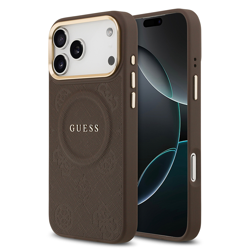 Apple iPhone 17 Pro Max Uyumlu Kılıf Guess Orjinal Lisanslı M-safe Şarj Özellikli Sıcak Baskılı Yazı Logolu PU Deri Peony Kapak