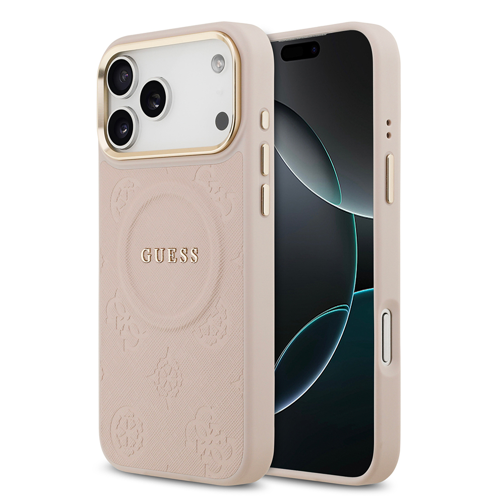 Apple iPhone 17 Pro Max Uyumlu Kılıf Guess Orjinal Lisanslı M-safe Şarj Özellikli Sıcak Baskılı Yazı Logolu PU Deri Peony Kapak