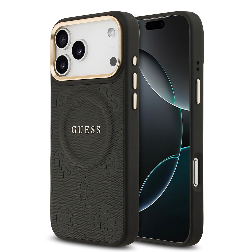 Apple iPhone 17 Pro Max Uyumlu Kılıf Guess Orjinal Lisanslı M-safe Şarj Özellikli Sıcak Baskılı Yazı Logolu PU Deri Peony Kapak