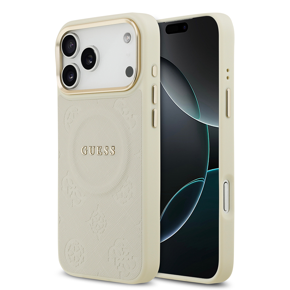 Apple iPhone 17 Pro Max Uyumlu Kılıf Guess Orjinal Lisanslı M-safe Şarj Özellikli Sıcak Baskılı Yazı Logolu PU Deri Peony Kapak
