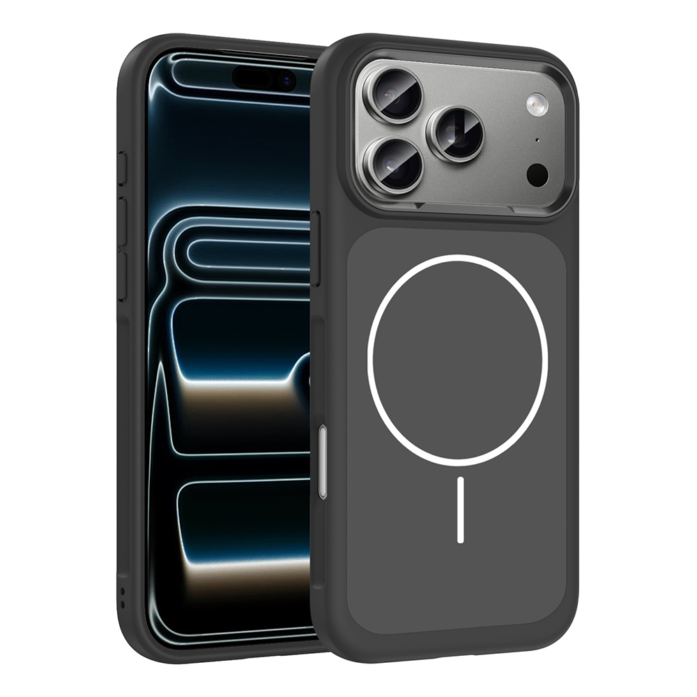 [RNZ-TA125776] Apple iPhone 17 Pro Uyumlu Kılıf M-Safe Şarj Özellikli Metal Kamera Çerçeveli Zore Sanremo Silikon Kapak (Siyah)