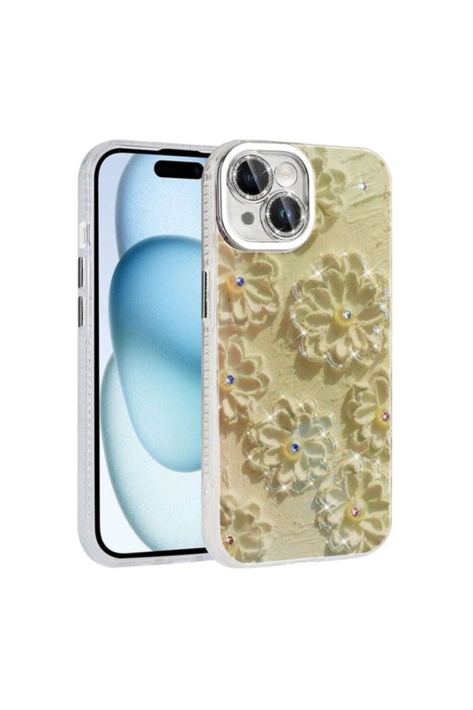 Apple iPhone 15 Uyumlu Kılıf Çiçek Desenli Parlak Taşlı Sert Silikon Zore Garden Kapak