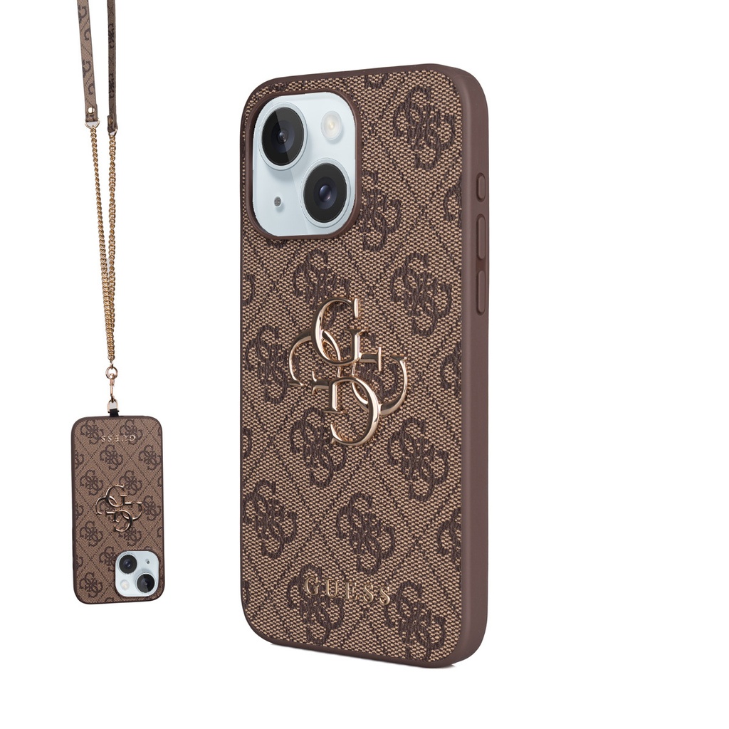 Apple iPhone 15 Plus Uyumlu Kılıf Guess Orjinal Lisanslı PU Deri 4G Büyük Metal Logolu Çapraz Vücut Askılı Kapak