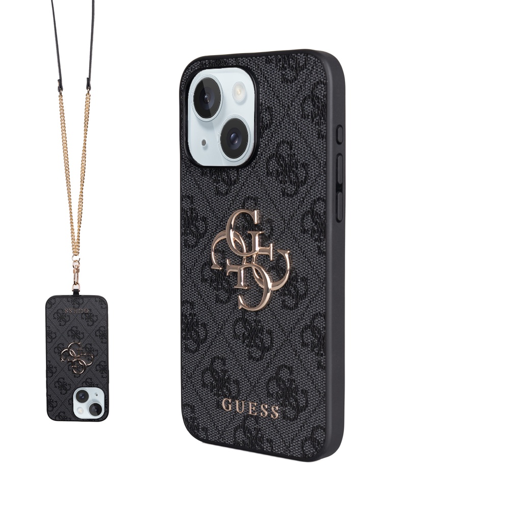 [RNZ-TA127030] Apple iPhone 15 Plus Uyumlu Kılıf Guess Orjinal Lisanslı PU Deri 4G Büyük Metal Logolu Çapraz Vücut Askılı Kapak (Siyah)
