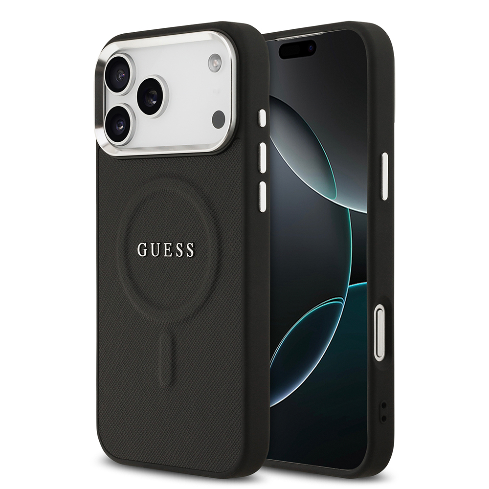 [RNZ-TA126792] Apple iPhone 17 Pro Max Uyumlu Kılıf Guess Orjinal Lisanslı M-safe Şarj Özellikli Klasik Yazı Logolu PU Deri Kapak (Siyah)