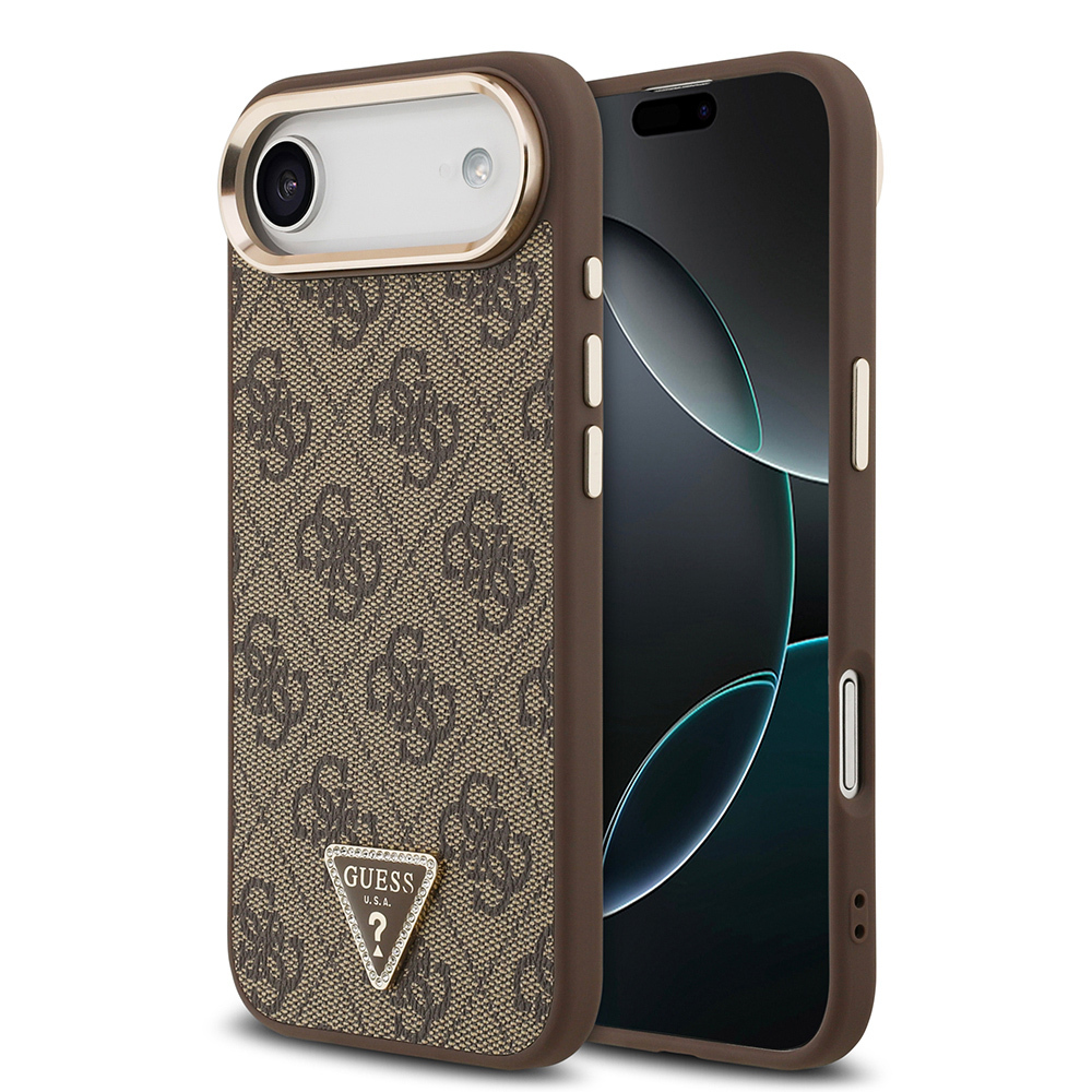 Apple iPhone 17 Air Uyumlu Kılıf Guess Orjinal Lisanslı M-safe Şarj Özellikli Gold Metal Kamera Çerçeveli Taşlı Üçgen Logo 4G Desenli Kapak