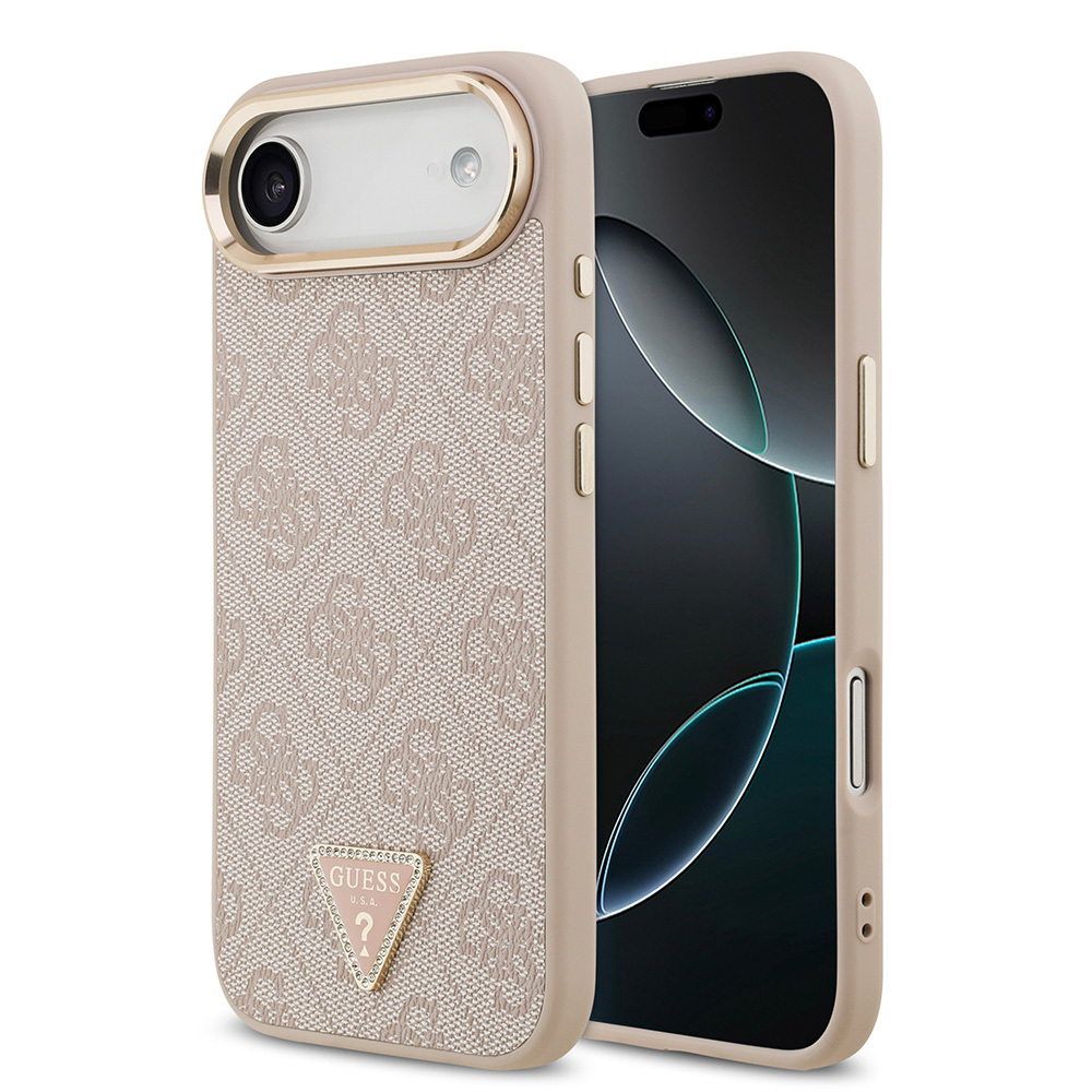 Apple iPhone 17 Air Uyumlu Kılıf Guess Orjinal Lisanslı M-safe Şarj Özellikli Gold Metal Kamera Çerçeveli Taşlı Üçgen Logo 4G Desenli Kapak