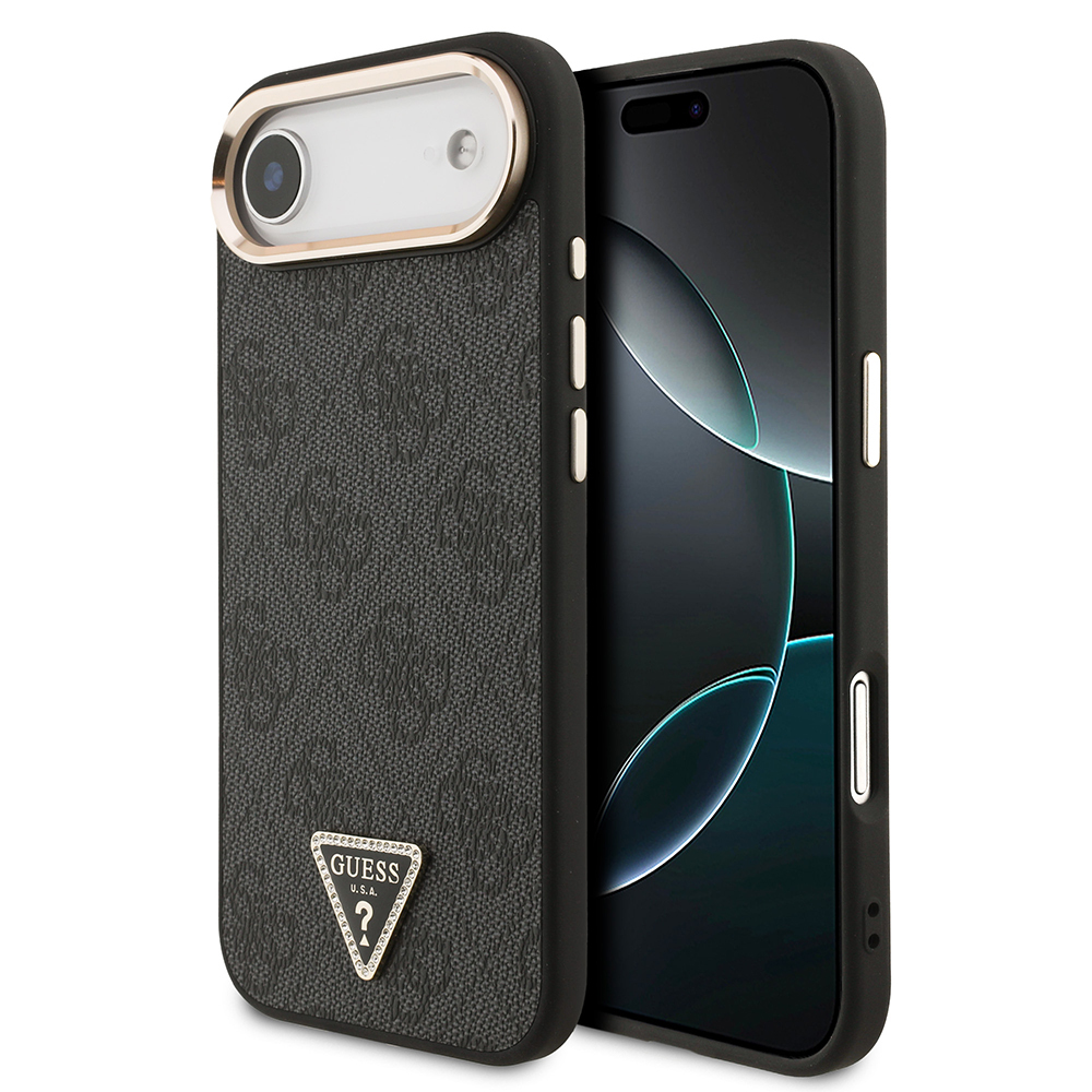 Apple iPhone 17 Air Uyumlu Kılıf Guess Orjinal Lisanslı M-safe Şarj Özellikli Gold Metal Kamera Çerçeveli Taşlı Üçgen Logo 4G Desenli Kapak