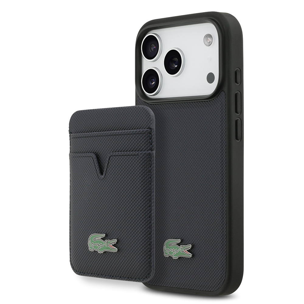 Apple iPhone 17 Pro Uyumlu Kılıf Lacoste Orjinal Lisanslı M-safe Şarj Özellikli PU Pike Desenli Metal Logolu Kartlıklı Kapak