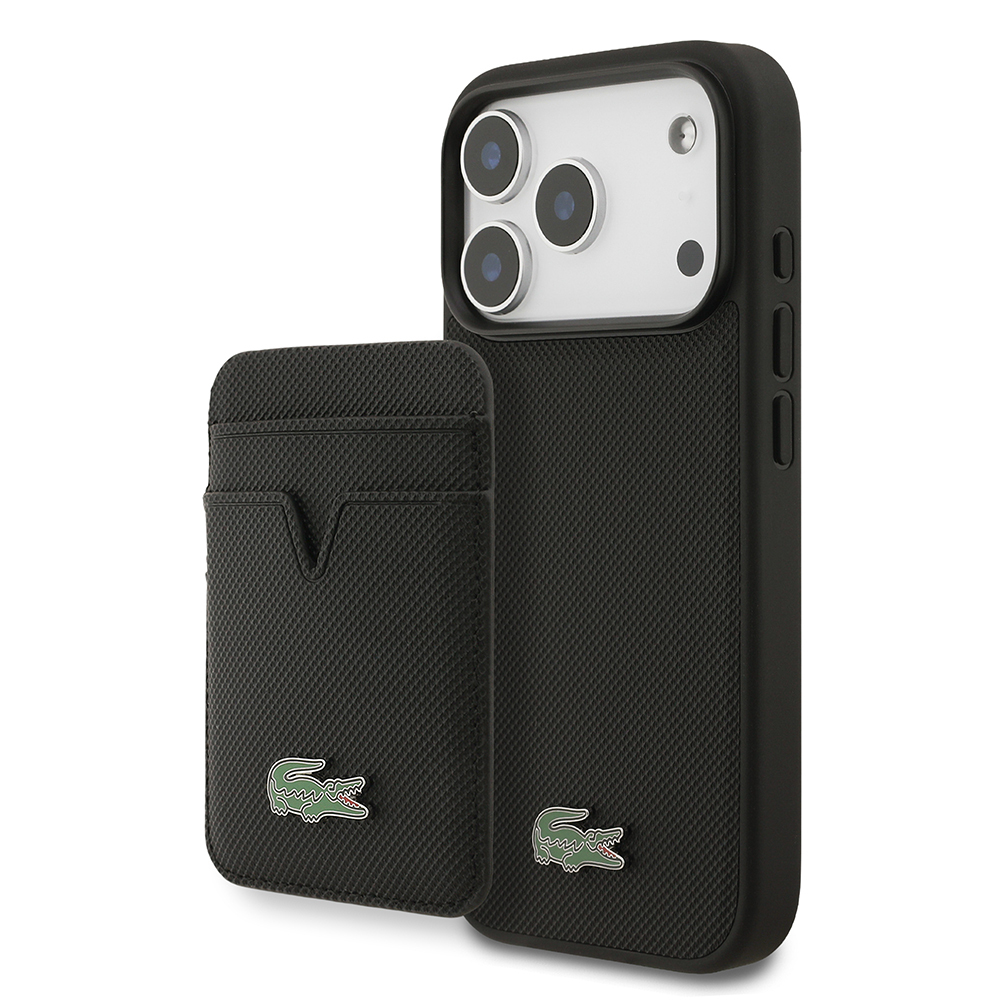 Apple iPhone 17 Pro Uyumlu Kılıf Lacoste Orjinal Lisanslı M-safe Şarj Özellikli PU Pike Desenli Metal Logolu Kartlıklı Kapak