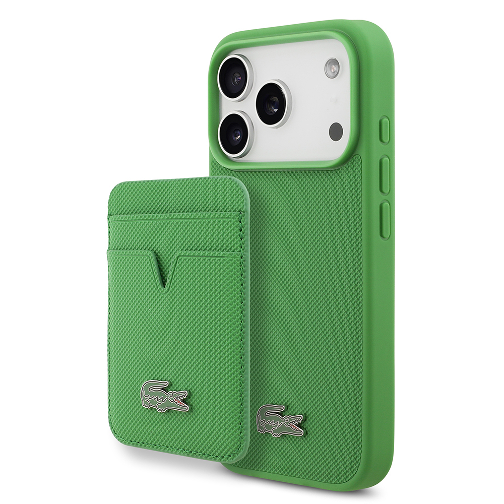 Apple iPhone 17 Pro Uyumlu Kılıf Lacoste Orjinal Lisanslı M-safe Şarj Özellikli PU Pike Desenli Metal Logolu Kartlıklı Kapak
