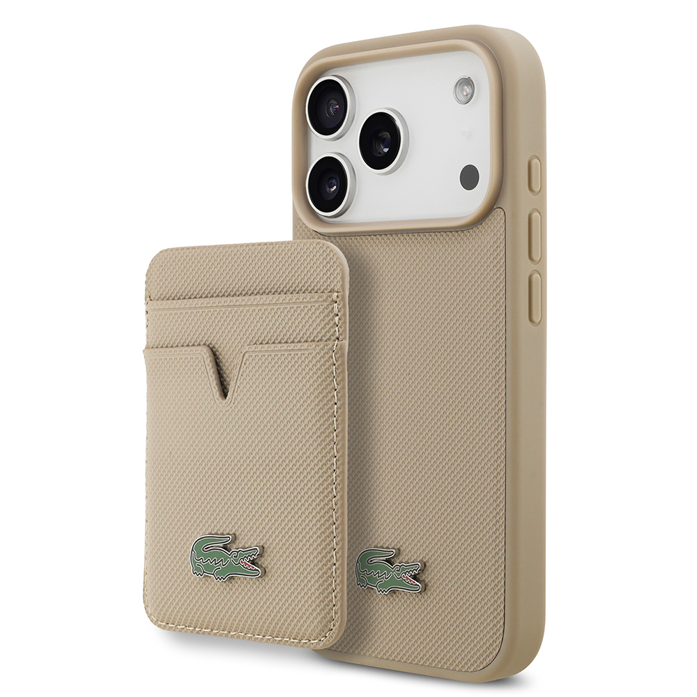 Apple iPhone 17 Pro Uyumlu Kılıf Lacoste Orjinal Lisanslı M-safe Şarj Özellikli PU Pike Desenli Metal Logolu Kartlıklı Kapak