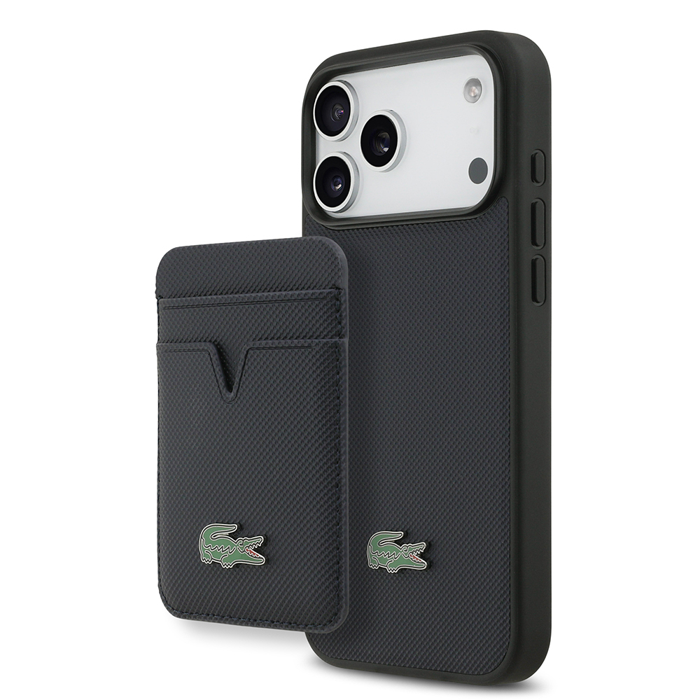 Apple iPhone 17 Pro Max Uyumlu Kılıf Lacoste Orjinal Lisanslı M-safe Şarj Özellikli PU Pike Desenli Metal Logolu Kartlıklı Kapak