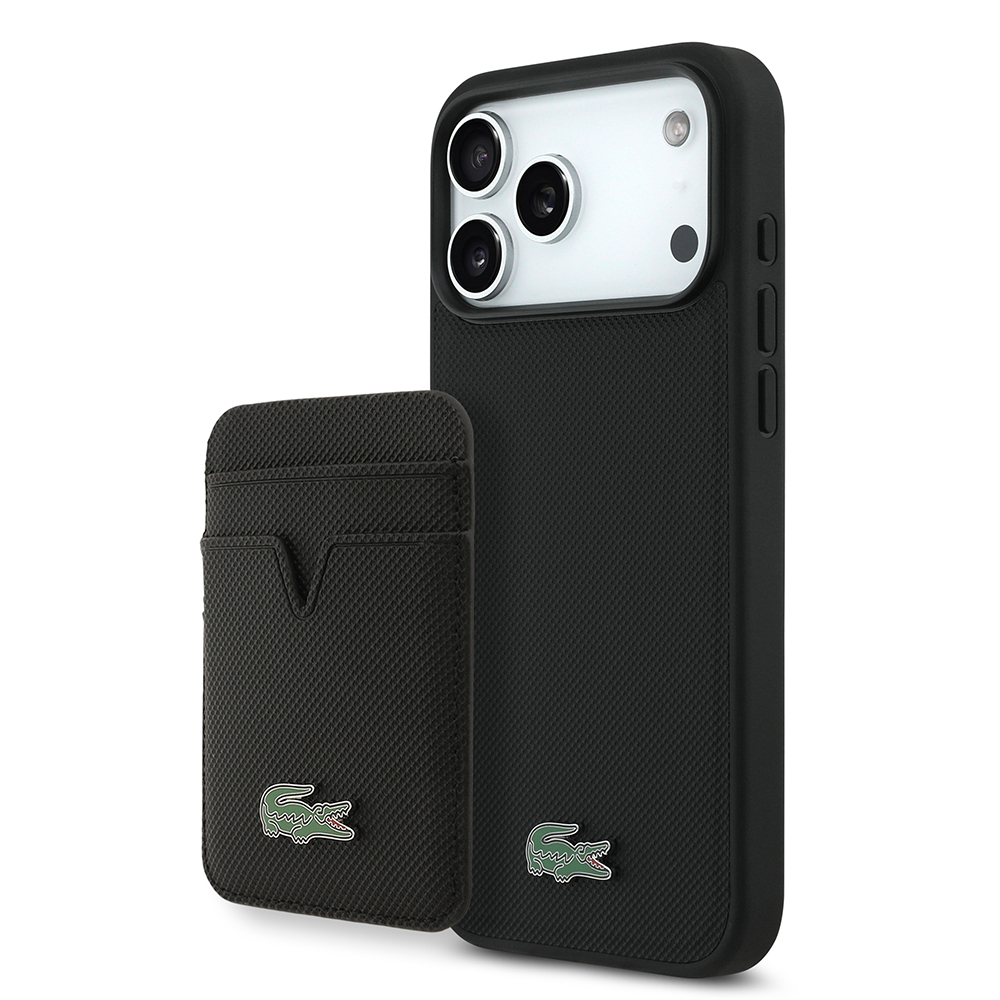 Apple iPhone 17 Pro Max Uyumlu Kılıf Lacoste Orjinal Lisanslı M-safe Şarj Özellikli PU Pike Desenli Metal Logolu Kartlıklı Kapak