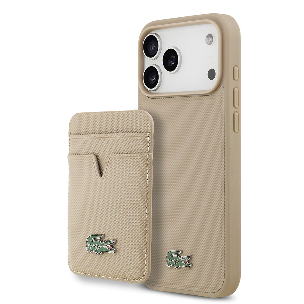 Apple iPhone 17 Pro Max Uyumlu Kılıf Lacoste Orjinal Lisanslı M-safe Şarj Özellikli PU Pike Desenli Metal Logolu Kartlıklı Kapak
