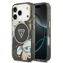 Apple iPhone 17 Pro Uyumlu Kılıf Guess Orjinal Lisanslı M-safe Şarj Özellikli Simli Çiçek Desenli Metal Kamera Çerçeveli Üçgen Logolu Kapak