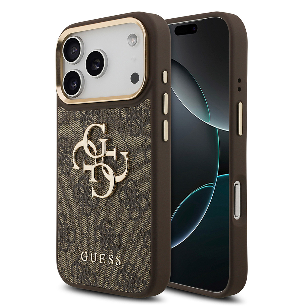 Apple iPhone 17 Pro Uyumlu Kılıf Guess Orjinal Lisanslı Gold Metal Kamera Çerçeveli 4G Desenli Metal Büyük 4G ve Yazı Logolu Kapak