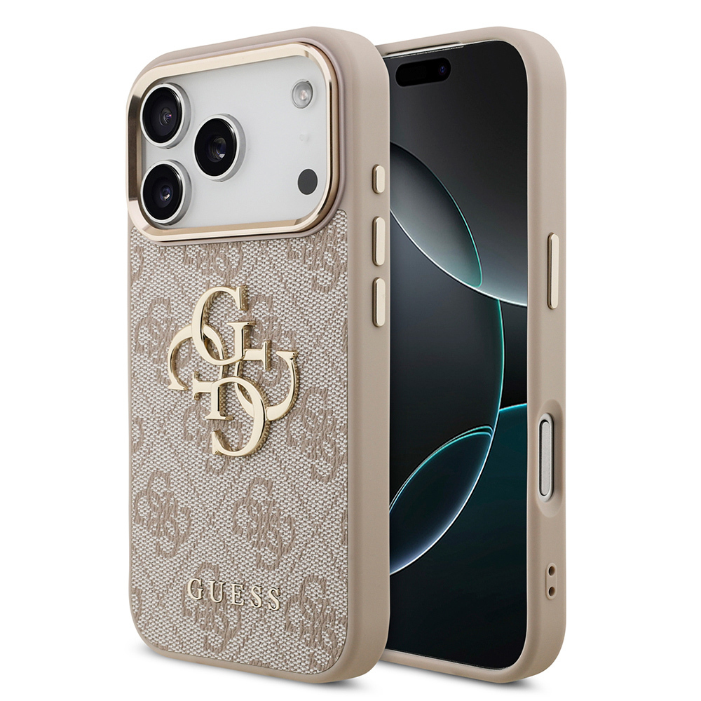 Apple iPhone 17 Pro Uyumlu Kılıf Guess Orjinal Lisanslı Gold Metal Kamera Çerçeveli 4G Desenli Metal Büyük 4G ve Yazı Logolu Kapak