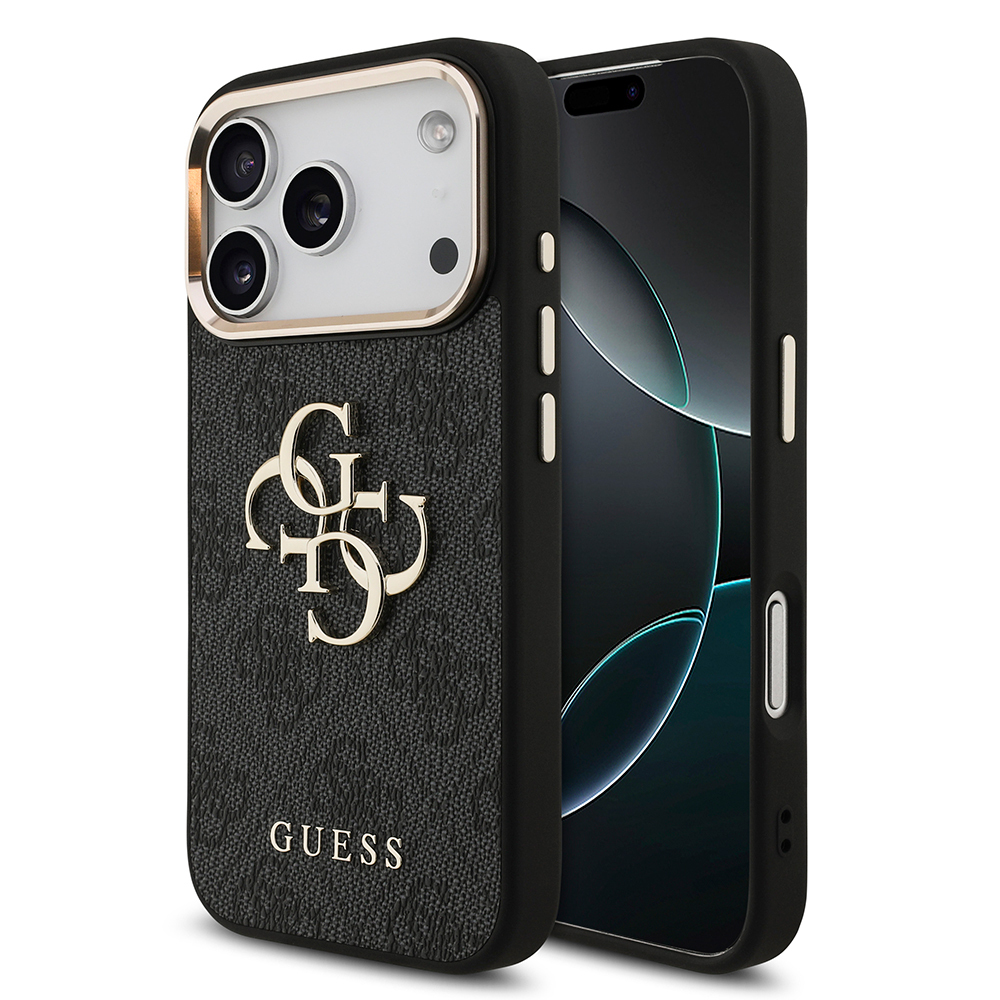 Apple iPhone 17 Pro Uyumlu Kılıf Guess Orjinal Lisanslı Gold Metal Kamera Çerçeveli 4G Desenli Metal Büyük 4G ve Yazı Logolu Kapak